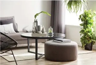  ??  ?? Group similar accessorie­s and layer various tones of colour to create a pleasing looking home. Modern black coffee table $229, Ottoman with handles $149, Bouclair.com.