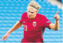  ?? AP ?? Norway’s Erling Braut Haaland celebrates after scoring during the UEFA Nations League match against Romania at Ullevaal Stadium in Oslo, Norway, on Sunday.