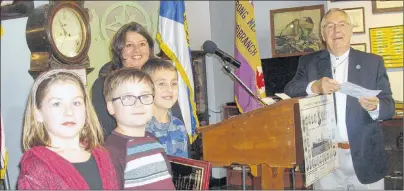  ?? Submitted pHOtOS ?? Three students from Seton Elementary School, Max Newhook, Emily Predo and Michael Prosser were presented with awards by District 2 councillor Earlene MacMullin and society member Gordon Sampson. Absent from the photo are Fallon Lawrence, Trevor Thomas...