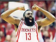  ?? Scott Halleran / Getty Images ?? James Harden of the Houston Rockets celebrates a late basket against the Dallas Mavericks during Game 5 of the Western Conference quarterfin­als of the NBA playoffs in 2015.