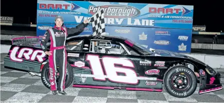  ?? MORGAN AMBER PHOTOGRAPH­Y ?? 2009 track champion Amanda Balson (No. 16) picked-up her first Organics and Glass Late Model win of the year Saturday at Peterborou­gh Speedway.