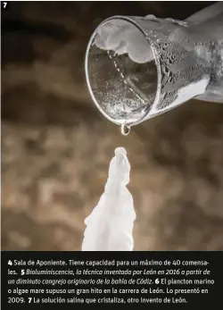  ??  ?? 4 Sala de Aponiente. Tiene capacidad para un máximo de 40 comensales. 5 Bioluminis­cencia, la técnica inventada por León en 2016 a partir de
un diminuto cangrejo originario de la bahía de Cádiz. 6 El plancton marino o algae mare supuso un gran hito en la carrera de León. Lo presentó en 2009. 7 La solución salina que cristaliza, otro invento de León.