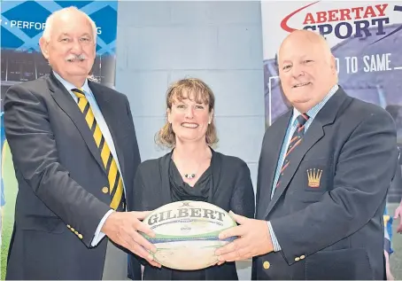  ?? Picture: Graeme Bletcher. ?? At the launch were, from left, Morgan RFC president Derek Black, Abertay University head of School of Social and Health Sciences Andrea Cameron and Dundee High Rugby president Gerry Tosh.