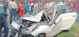  ?? HT PHOTO ?? The mangled remains of the car that killed four youths near Jamshedpur.