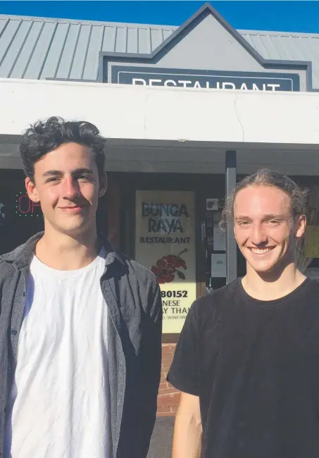  ??  ?? Monty Greenslade and Gabe Vidler, who were rescued from powerful surf off Lennox Head with the help of a drone yesterday.