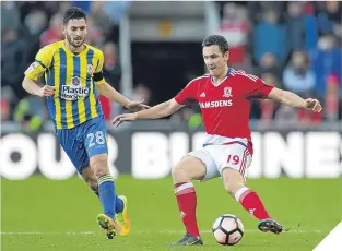  ??  ?? Seamus Conneely tries to keep up with Boro scorer Stewart Downing.