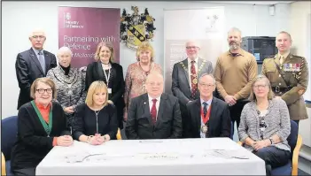  ??  ?? ■ Back row left to right: John S Wilson OBE DL - Regional Employer Engagement Director, Coun Joan Tassall - Shepshed Town Council, Coun Deborah Taylor - lead member for communitie­s at Charnwood Borough Council, Coun Hilary Fryer - armed forces champion at Charnwood Borough Council, Coun Martin Broomhead - Anstey Parish Council, Coun Michael Jackson - Thurcaston and Cropston Parish Council, WO1 (RSM) Rob Aspinall RLC - Regimental Sergeant Major at Defence Medical Rehabilita­tion Centre. Front row left to right: Coun Sandie Forrest - Barrow upon Soar Parish Council, Coun Megan Pirt - Mountsorre­l Parish Council, Coun Chris Bennett – Woodhouse Parish Council , Coun Stephen Wright - Queniborou­gh Parish Council, Coun Dr. Sue Pritchard - Newtown Linford Parish Council