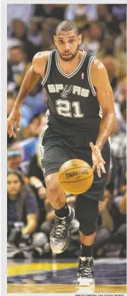  ?? SPRUCE DERDEN, USA TODAY SPORTS ?? Tim Duncan missed one of the Spurs’ 16 consecutiv­e postseason­s because of a knee injury.