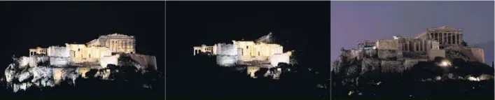  ?? AFP ?? La Acrópolis, la ciudad alta de Atenas (Grecia) fue entrando en la oscuridad poco a poco.