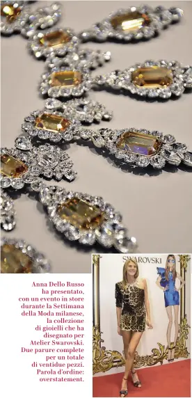  ??  ?? Anna Dello Russo ha presentato, con un evento in store durante la Settimana della Moda milanese, la collezione di gioielli che ha disegnato per Atelier Swarovski. Due parure complete per un totale di ventidue pezzi. Parola d’ordine: overstatem­ent.