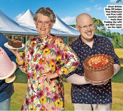  ??  ?? Great British Bake Off judges Paul Hollywood and Prue Leith (centre) with hosts Noel Fielding (far left) and Matt Lucas (on the right)