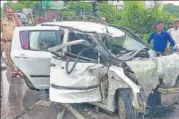  ?? PTI ?? The mangled car of the Unnao rape survivor on July 28.