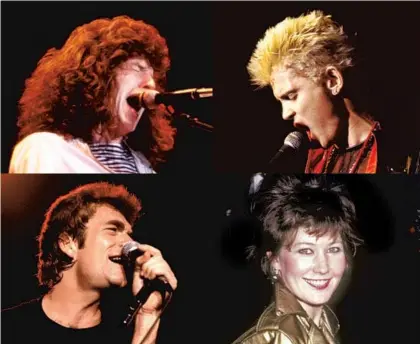 ?? Photograph­s, clockwise from top left, by Ross Marino Getty Images, Chris Walter NBCUnivers­al and Ron Galella Getty Images ?? WireImage, Al Levine S TA R S of early MTV include, clockwise from top left, REO Speedwagon’s Kevin Cronin, Billy Idol, the Go-Go’s Kathy Valentine and Huey Lewis. Back then, Lewis recalls: “Everyone was focused on one thing at the same time. Everyone was watching MTV.”