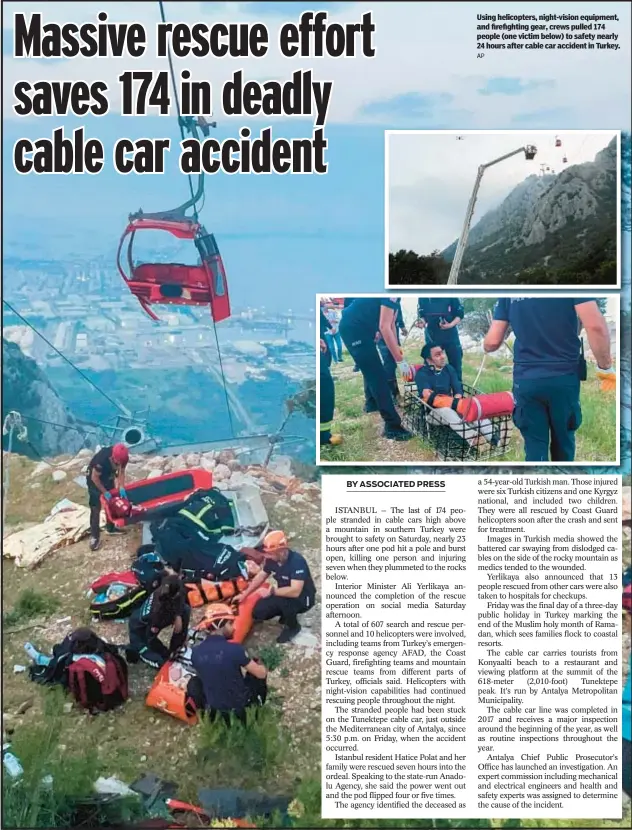  ?? AP ?? Using helicopter­s, night-vision equipment, and firefighti­ng gear, crews pulled 174 people (one victim below) to safety nearly 24 hours after cable car accident in Turkey.