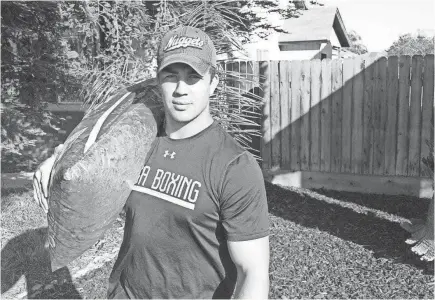  ??  ?? Olympic boxing hopeful Richard Torrez Jr. does landscapin­g work in Tulare, California.