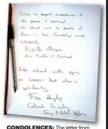  ??  ?? CONDOLENCE­S: The letter from Nicola Sturgeon and Fiona Hyslop