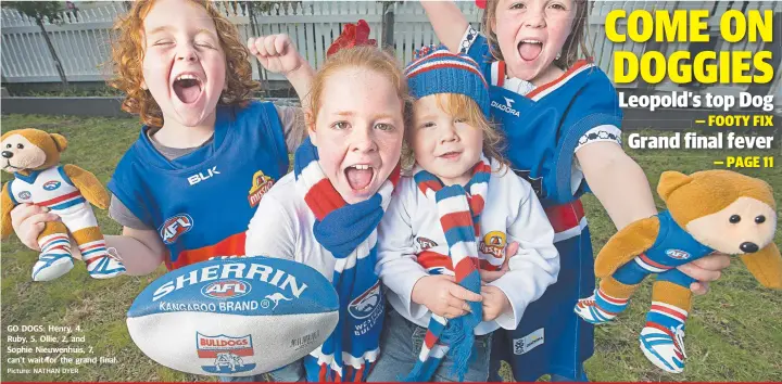  ?? Picture: NATHAN DYER ?? GO DOGS: Henry, 4, Ruby, 5, Ollie, 2, and Sophie Nieuwenhui­s, 7, can’t wait for the grand final.