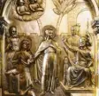  ?? Foto: Oliver Berg, dpa ?? Darstellun­g der Heiligen Corona (Mitte) auf einem Schrein im Dommuseum in Aachen.