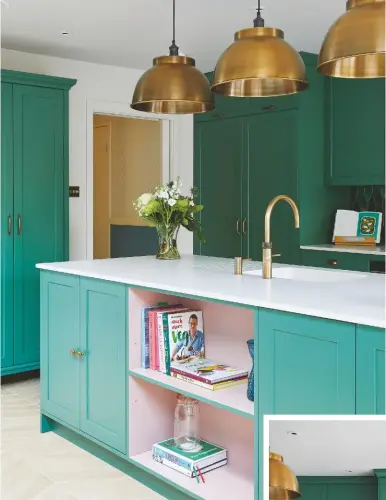  ??  ?? ABOVE THE SUEDE-EFFECT SILESTONE WORKTOP CONTRASTS STYLISHLY AGAINST THE PATINATED BRASS TAPS. Silestone Yukon worktop and sink, £5,018, Hands-on Design. Fusion round hot, cold filtered and sparkling water tap with Cube in patinated brass, £2,740, Quooker