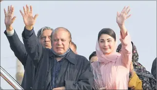  ?? Picture: AP Photo/K.M. Chaudary ?? Pakistan’s former Prime Minister Nawaz Sharif, center, and his daughter Maryam Nawaz, right, waves to their supporters as they arrive to address an election campaign rally in Hafizabad, Pakistan, Thursday, January 18, 2024.