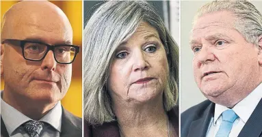  ?? TORONTO STAR FILE PHOTOS ?? Expect a tough fight between Liberal Leader Steven Del Duca, left, NDP Leader Andrea Horwath and PC Leader Doug Ford in the lead-up to June’s provincial election. Attack ads are already trying to influence Ontario voters, Bob Hepburn writes.