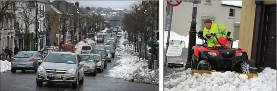  ??  ?? Gorey’s Main Street on Monday. Mark Mulhall clearing the footpaths on Gorey’s Main Street.