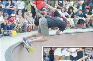  ??  ?? Top: Edmonton's Anthony Tubbs grinds the bowl Sunday during the annual Beat the Heat skateboard­ing event.
