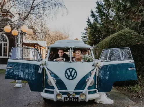  ??  ?? ABOVE
Emma's dream was to arrive at her wedding in a VW Kombi. 'It was the best decision and it made for amazing photos.'
OPPOSITE TOP Pemberton’s ceiling created a powerful frame for Emma and Chris’s ceremony.
OPPOSITE BOTTOM RIGHT This towering masterpiec­e was created by Twisted Flour & Sugar Merchants.