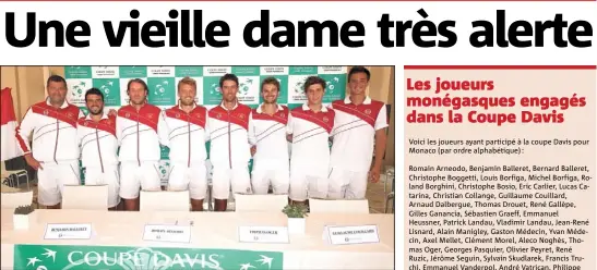  ?? (Photo DR) ?? La relève est aujourd’hui assurée pour la coupe Davis. De gauche à droite : Christophe Boggetti (directeur tech- nique national), Romain Arneodo, Guillaume Couillard (entraîneur), Benjamin Balleret, Thomas Oger, Hugo Nys, Lucas Catarina et Florent Diep.