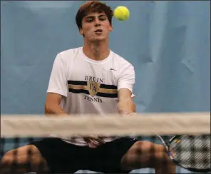  ?? Arkansas Democrat-Gazette/JOHN SYKES JR. ?? Pulaski Academy junior Foster Rogers hits a shot Tuesday during the boys tennis Overall singles championsh­ip at Burns Park Tennis Complex in North Little Rock. Rogers repeated as the singles champion with a 6-1, 6-2 victory over Christian Greer of Joe T. Robinson.