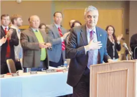  ?? MARLA BROSE/JOURNAL ?? Chaouki Abdallah, then interim president of UNM, acknowledg­es a standing ovation Feb. 14. Abdallah, now the university’s provost, will start a new position in August.