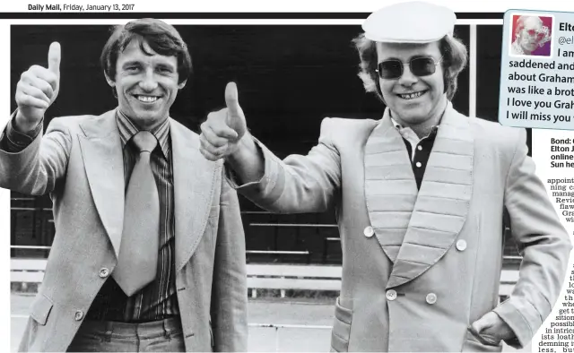  ??  ?? Bond: Graham Taylor with Elton John and, above, his online tribute. Far left, The Sun headlines on Taylor