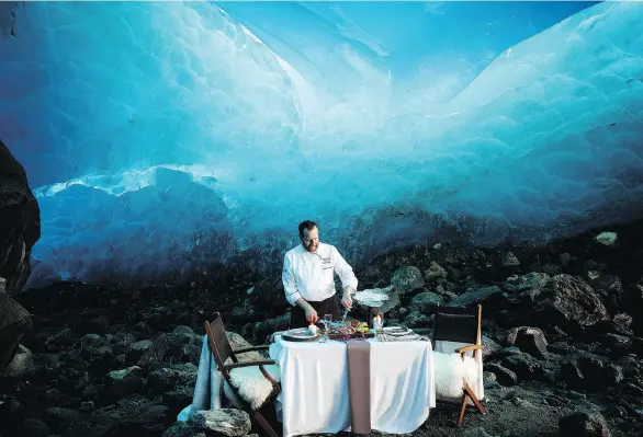  ??  ?? If money is no object, The Blue Room will fly you and your date off for a five-course meal served deep inside an ancient ice cave. The experience comes with a cost of $20,000.