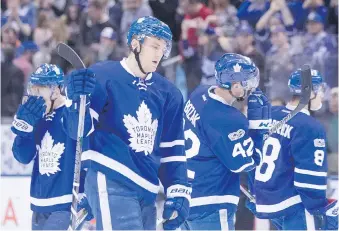  ?? CHRIS YOUNG/THE CANADIAN PRESS ?? Maple Leafs winger James van Riemsdyk and his teammates react after losing to the Blue Jackets Sunday in Toronto. The Leafs will face Washington in the first playoff round.