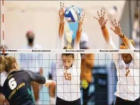  ?? MARK KUHLMANN / NCAA PHOTOS ?? Wright State’s Megan Alders (15) and Nyssa Baker compete against Texas in the second round of the NCAA Division I volleyball tournament at the CHI Health Center Omaha in Omaha, Nebraska. Texas won in a sweep.