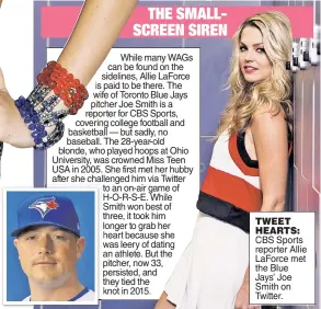  ??  ?? TWEET HEARTS: CBS Sports reporter Allie LaForce met the Blue Jays’ Joe Smith on Twitter.