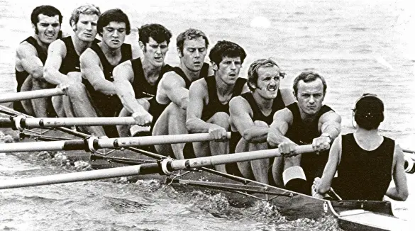  ?? PHOTO: SUPPLIED ?? Nine is enough . . . The New Zealand rowing eight of (from left) Gary Robertson, Trevor Coker, Athol Earl, Lindsay Wilson, John Hunter, Dick Joyce, Wybo Veldman and Tony Hurt and cox Simon Dickie shows the strain of competitio­n at the 1972 Munich Olympics.