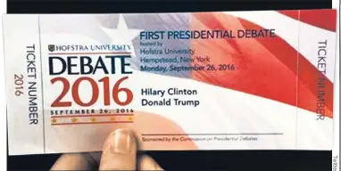  ??  ?? WHAT THE ‘L’: Hofstra University issued souvenir debate tickets that left an “L” out of “Hillary.”