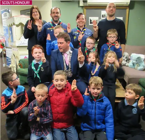  ??  ?? Local Scouts who attended the Knockbridg­e Tidy Towns 2018 Floral Awards pictured here with Scout Leaders, also Deirdre Crawford, Manager BHK Credit Union who were the Sponsors of the event, also in photo is Cllr Liam Reilly - Chairman of Louth County Council.