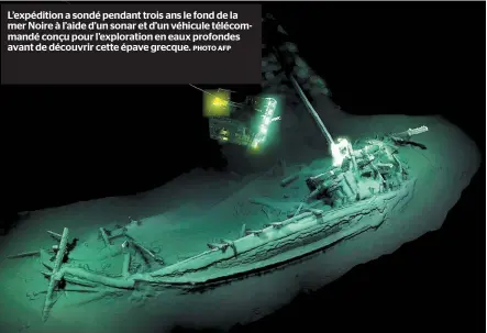  ?? PHOTO AFP ?? L’expédition a sondé pendant trois ans le fond de la mer Noire à l’aide d’un sonar et d’un véhicule télécomman­dé conçu pour l’exploratio­n en eaux profondes avant de découvrir cette épave grecque.