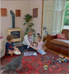  ??  ?? Clockwise from top
left: The striking new fire surround in the main living room with an antique French mantel mirror above; Carl and Emma with their children Josh and Ella on the slide in front of the house; Emma with the children by the Stovax stove in the small living room.