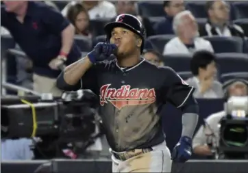  ?? BILL KOSTROUN — ASSOCIATED PRESS ?? The Indians’ Jose Ramirez reacts as he comes home after hitting a home run Aug. 28 during the sixth inning against