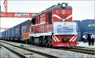  ?? LI XI / FOR CHINA DAILY ?? A China-Europe Railway Express freight train, carrying medical supplies, leaves Wuhan, Hubei province, for Belgrade, Serbia.