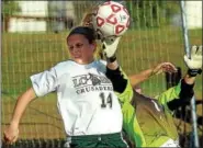  ?? BOB RAINES — MONTGOMERY MEDIA ?? Lansdale Catholic’s Kate Henesey gets tangled up with Conwell-Egan keeper Maddy Terry during their PCL quarterfin­al contest Thursday.