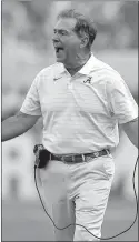  ?? Kevin C. Cox
/ Getty Images /TNS ?? Head coach Nick Saban of the Alabama Crimsontid­e reacts to his defense after giving up a touchdown to the Mercer Bears during the second half at Bryant-denny Stadium on Sept. 11 intuscaloo­sa, Alabama.