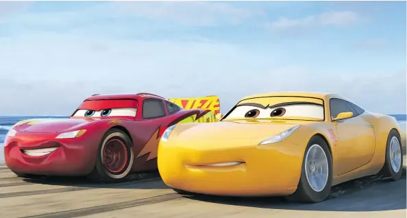  ?? — PHOTOS: DISNEY PIXAR ?? Lightning McQueen, voiced by Owen Wilson, teams up with tech-savvy, unconventi­onal trainer Cruz Ramirez, voiced by Cristela Alonzo, to show he’s still the fastest racer in the pixelated universe in Pixar’s Cars 3.