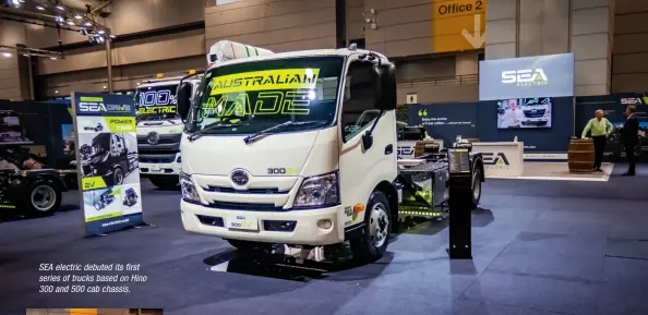  ??  ?? SEA electric debuted its first series of trucks based on Hino 300 and 500 cab chassis.