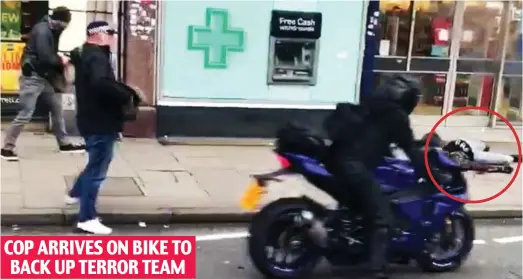  ??  ?? Moving in: Officer on a motorbike skids to a halt moments after Sudesh Amman (circled) is shot dead in Streatham