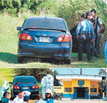  ?? FOTO: EL HERALDO ?? (1) Momento en que el carro fue abierto para ver si la policía estaba con vida. (2) Agentes de la Dirección Policial de Investigac­iones (DPI) recabando evidencias. (3) Estación policial de El Progreso.