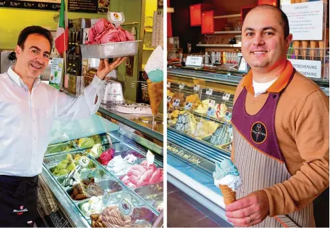  ?? Fotos: Bernhard Weizenegge­r ?? Die Eisdiele „Numero uno“in der Hofgasse in Günzburg hat gestern die Sommersais­on beendet. Das Foto (links) zeigt Inhaber Antonio Micello, der für seine Gesangsein­lagen bekannt ist. Fernando Stangherli­n schließt seine Eisdiele „Boutique del Gelato“am...